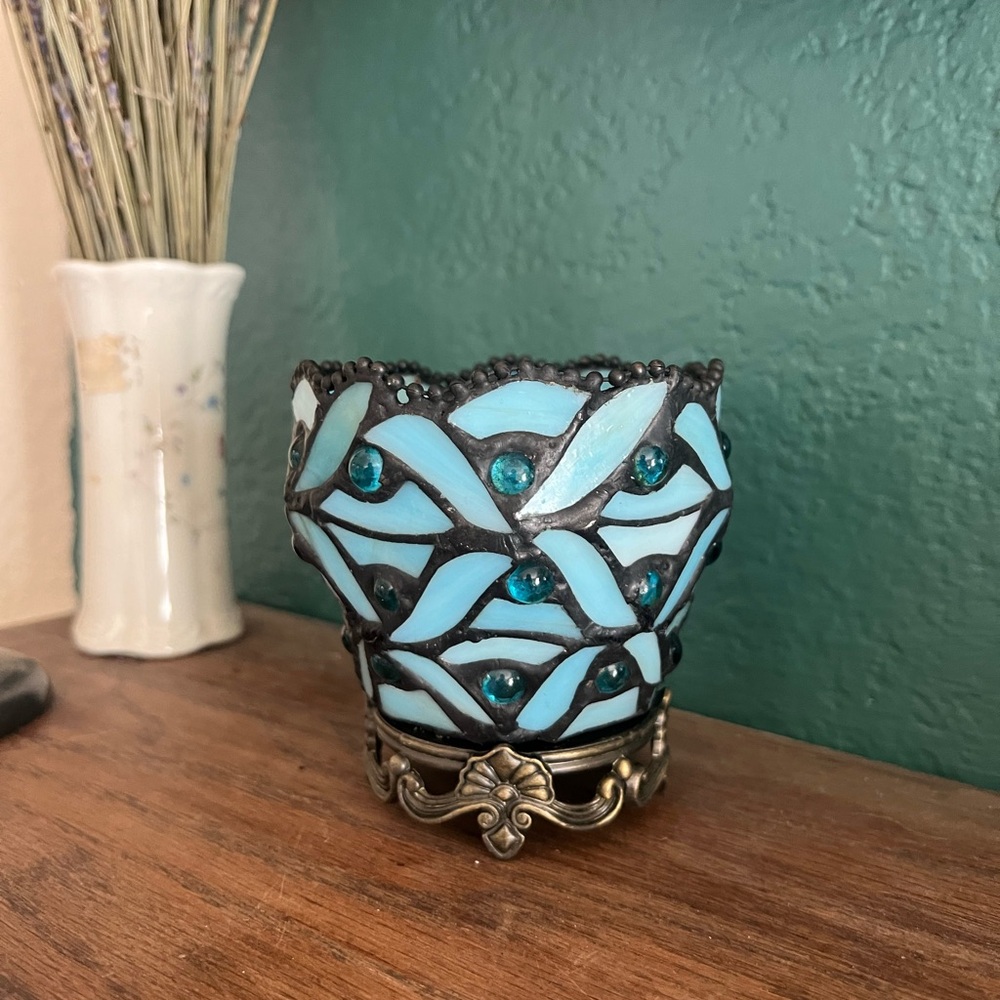 Partylite Spring Water blue stained glass tea light candle holder